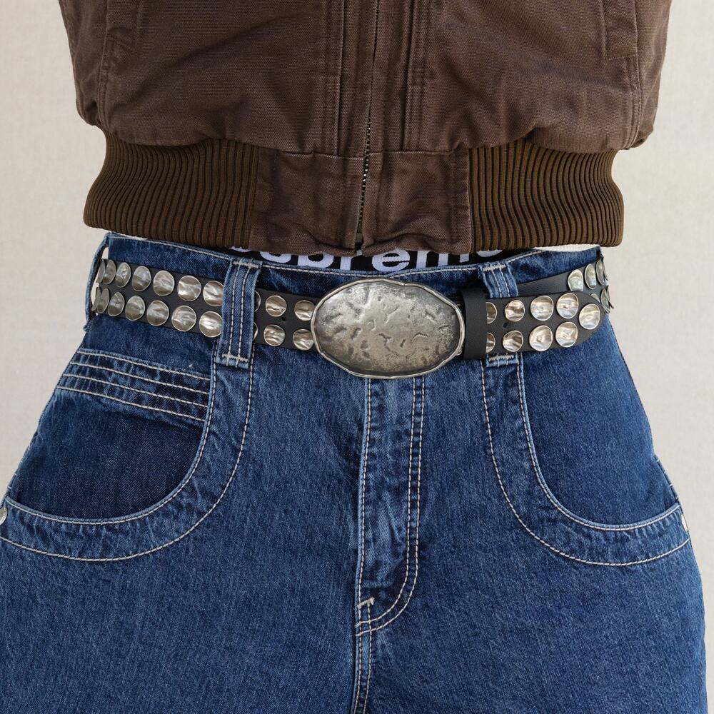 Vintage Black Studded Leather Belt Oversized Silver Studs Y2K Punk Unisex